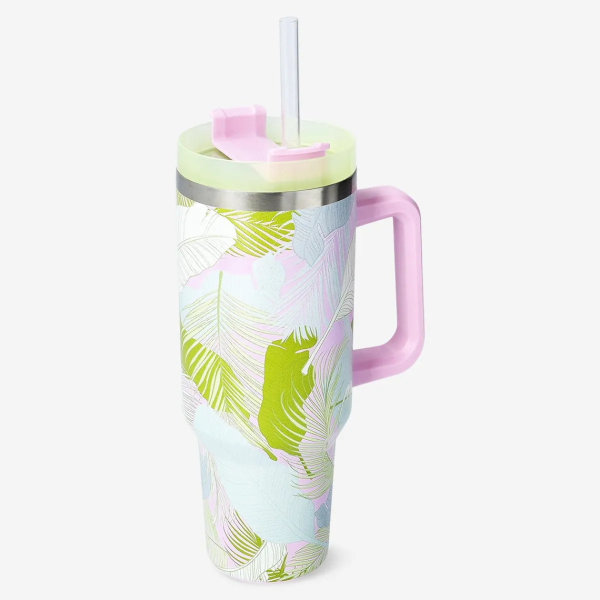 Flying Tiger Tumbler med lock och sugrör med palmbladstryck - 1200 ml^ Matlådor & Dricksflaskor|Födelsedag